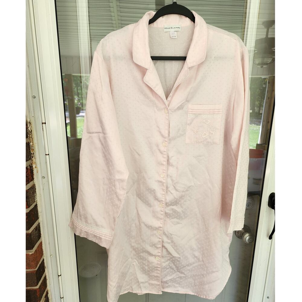 Miss Elaine Women L Long-Sleeve Pink Button Satin Flannel Embroidered Nightshirt